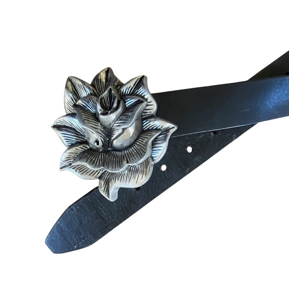 Vintage Rock Rebel Rose Silver Western Goth Buckle Black Leather Belt SZ 38